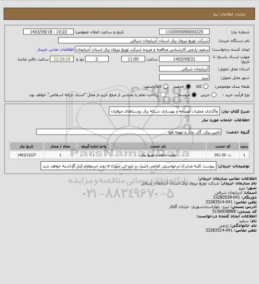 استعلام واگذاری عملیات توسعه و بهسازی شبکه برق روستاهای صوفیان
