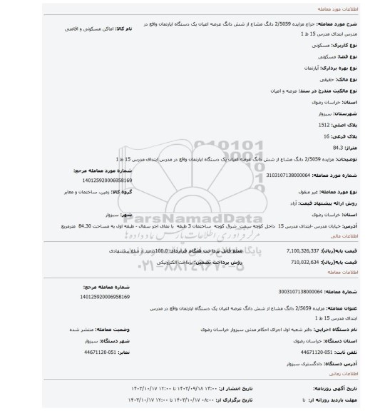 مزایده، مزایده 2/5059 دانگ مشاع از شش دانگ عرصه اعیان یک دستگاه اپارتمان واقع در مدرس ابتدای مدرس 15 ط 1