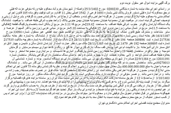 مزایده فروش پلاک ثبتی بشماره 1693 فرعی از 3542 اصلی