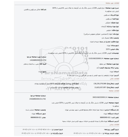 مزایده، فروش 2/30 از شش دانگ یک باب آپارتمان به پلاک ثبتی 61 فرعی از 3370 اصلی بابت محکوم به