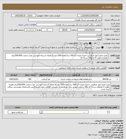 استعلام طرح خاتم (خود مراقبتی دختران وزنان 13تا45 سال)تعداد200 نفردر5 محله باسرانه آموزشی نفر/ ساعت 330/000ریال همراه باتولید 5 محتوای رسانه ای