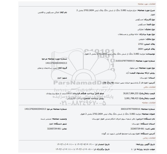 مزایده، مزایده 3.082 دانگ از شش دانگ پلاک ثبتی 2702.2654 بخش 2 اهواز.
