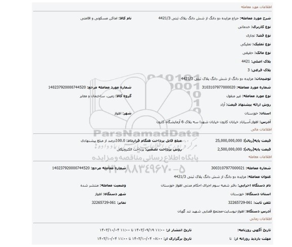 مزایده، مزایده دو دانگ از شش دانگ پلاک ثبتی 4421/3