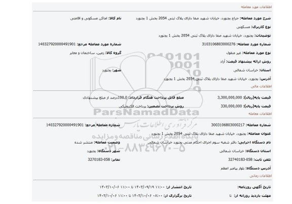 مزایده، بجنورد، خیابان شهید صفا دارای پلاک ثبتی 2054 بخش 1 بجنورد