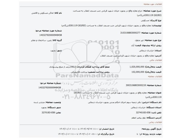 مزایده، مغازه واقع در بجنورد خیابان شهید قربانی جنب مسجد انقلاب به مساحت (63/83) 0301119ش3اجرا