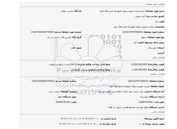 مزایده، مزایده خودرو سواری هیوندای النترا پلاک اروند
