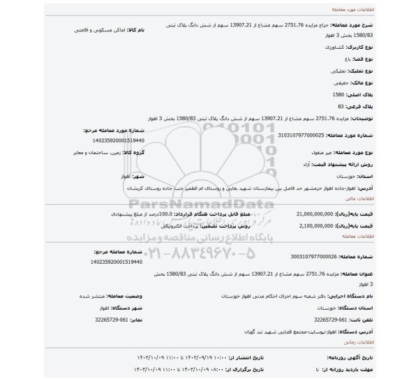 مزایده، مزایده 2751.76 سهم مشاع از 13907.21 سهم از شش دانگ پلاک ثبتی 1580/83 بخش 3 اهواز