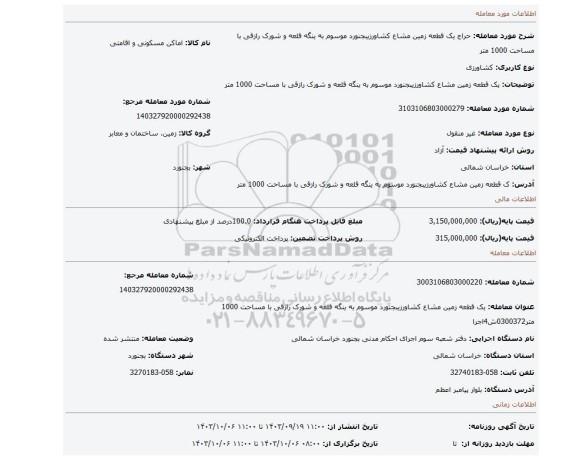 مزایده، یک قطعه زمین مشاع  کشاورزیبجنورد موسوم به ینگه قلعه و شورک رازقی با مساحت 1000 متر