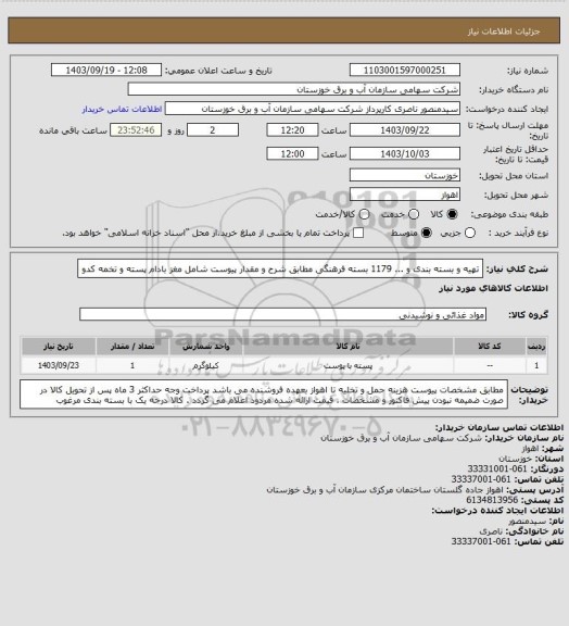 استعلام تهیه و بسته بندی و  ... 1179 بسته فرهنگی مطابق شرح و مقدار  پیوست شامل مغز بادام پسته و تخمه کدو