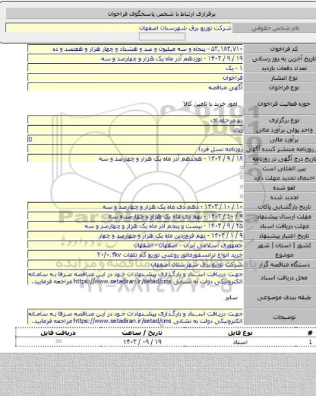 مناقصه, خرید انواع ترانسفورماتور روغنی توزیع کم تلفات  ۲۰/۰.۴kv