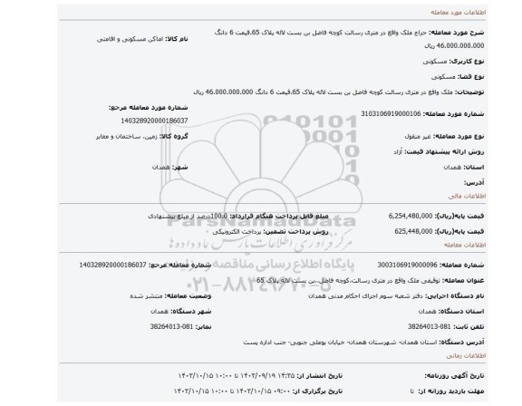 مزایده، ملک واقع در  متری رسالت کوچه فاضل بن بست لاله پلاک 65.قیمت 6 دانگ 46.000.000.000 ریال
