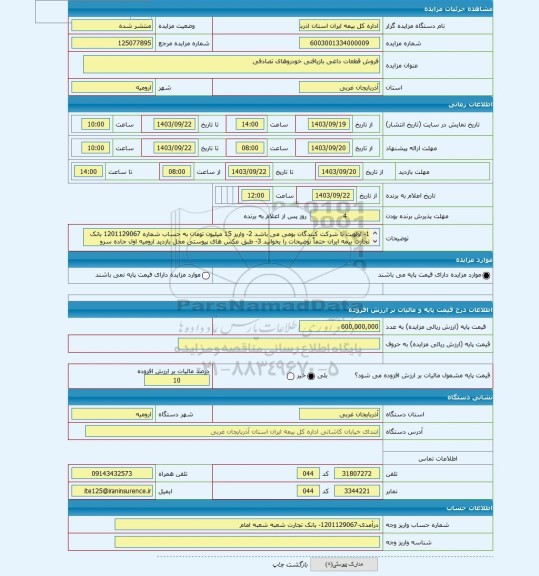 مزایده ، فروش قطعات داغی بازیافتی خودروهای تصادفی