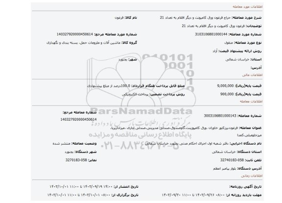 مزایده، فرغون ورق کامیونت و دیگر افلام به تعداد 21