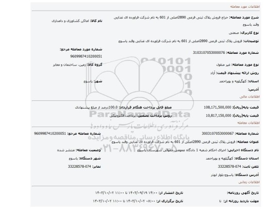 مزایده، فروش پلاک ثبتی فرعی 2890اصلی از 601 به نام شزکت فراورده ای غذایی وقند یاسوج