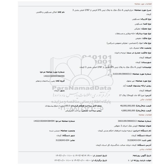 مزایده، فروش 6 دانگ ملک به پلاک ثبتی 375 فرعی از 2787 اصلی بخش 3 کرمان