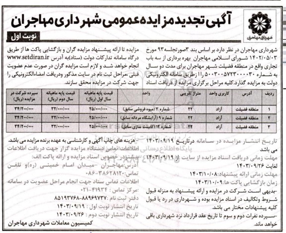 تجدید مزایده بهره برداری از سه باب تجاری 