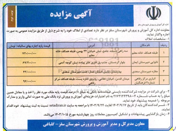 مزایده اجاره تعدادی املاک - نوبت دوم
