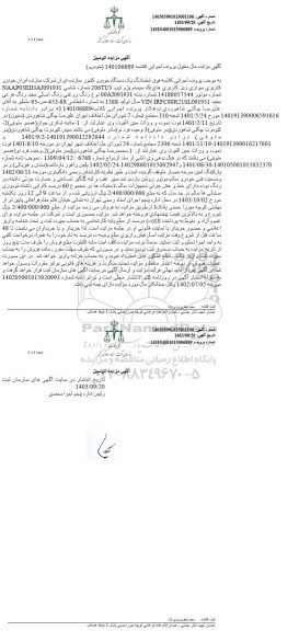 مزایده فروش ششدانگ یک دستگاه خودرو ، کاربری هاچ بک سیستم پژو تیپ 206TU3