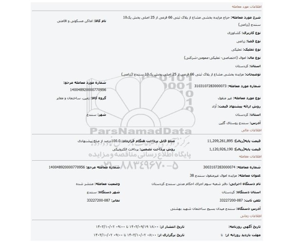 مزایده، مزایده بخشی مشاع از پلاک ثبتی 66 فرعی از 25 اصلی بخش یک10 سنندج (زراعی)