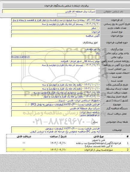 مناقصه, افزایش ظرفیت پست ۶۶/۲۳۰/۴۰۰ کیلو ولت سورمق به روش (PC)