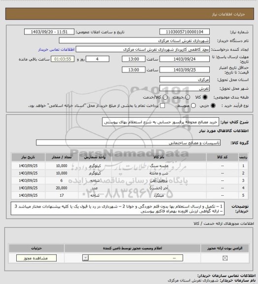 استعلام خرید مصالح محوطه پرفسور حسابی به شرح استعلام بهای پیوستی
