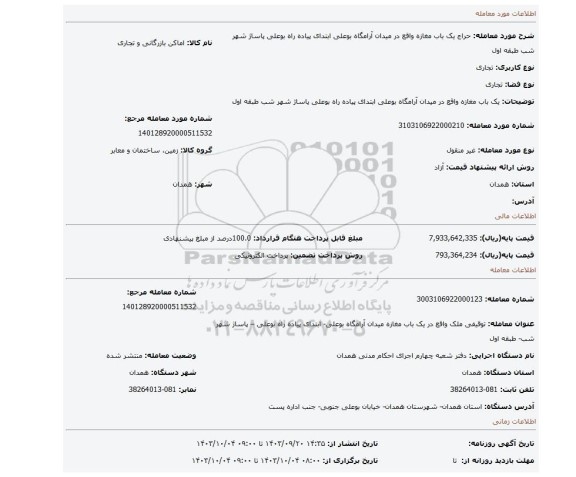مزایده، یک باب مغازه واقع در میدان آرامگاه بوعلی ابتدای پیاده راه بوعلی  پاساژ شهر شب طبقه اول