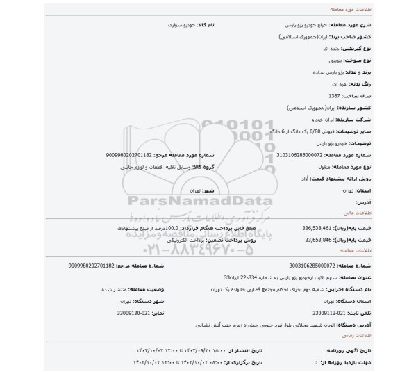 مزایده، خودرو پژو پارس
