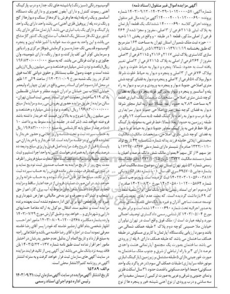مزایده ششداگ یک قطعه آپارتمان به پلاک ثبتی 2115 فرعی از 3 اصلی، مفروز و مجزی شده ...