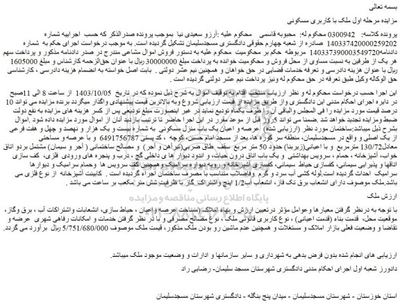 مزایده عرصه و اعیان یک باب منزل مسکونی  به شماره بیست و یک هزار و نهصد و چهل و هفت فرعی از یک اصلی