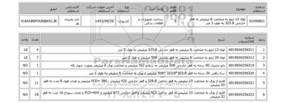 استعلام لوله 12 اینچ به ضخامت 6 میلیمتر به قطر خارجی 323.8 به طول 3 متر