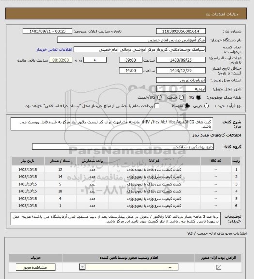 استعلام کیت های HIV /Hcv Ab/ Hbs Ag  /BHCG/ ،باتوجه مشابهت ایران کد لیست دقیق نیاز مرکز به شرح فایل پیوست می باشد.