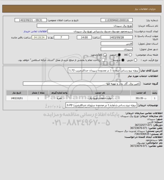 استعلام پروژه نیرو رسانی شماره 1 در محدوده سپیدان 
حداکثرضریب 1.72
