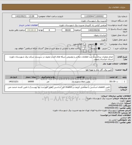 استعلام انجام عملیات برداشت و ثبت اطلاعات مکانی و توصیفی شبکه های فشار ضعیف در سیستم شرکت برق شهرستان داورزن استان خراسان رضوی