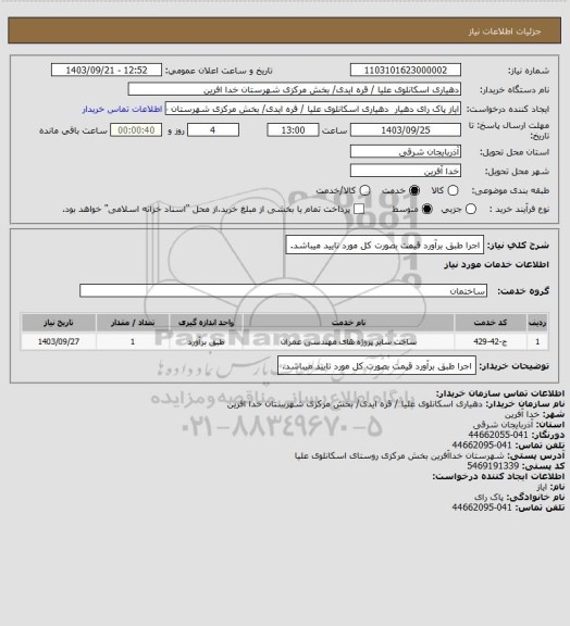 استعلام اجرا طبق برآورد 
قیمت بصورت کل مورد تایید میباشد.