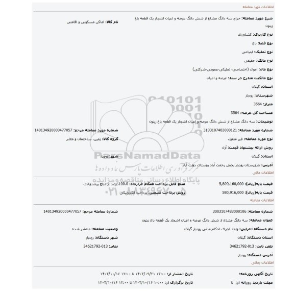 مزایده، سه دانگ مشاع از شش دانگ عرصه و اعیان اشجار یک قطعه باغ زیتون
