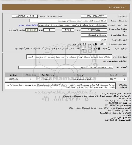 استعلام استعلام قیمت تامین دو دستگاه خودروی سواری و دو راننده جهت شهرکها و نواحی صنعتی استان