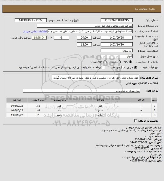 استعلام قند، شکر، چای پاکتی ایرانی، پیشنهاد فنی و مالی بصورت جداگانه ارسال گردد.