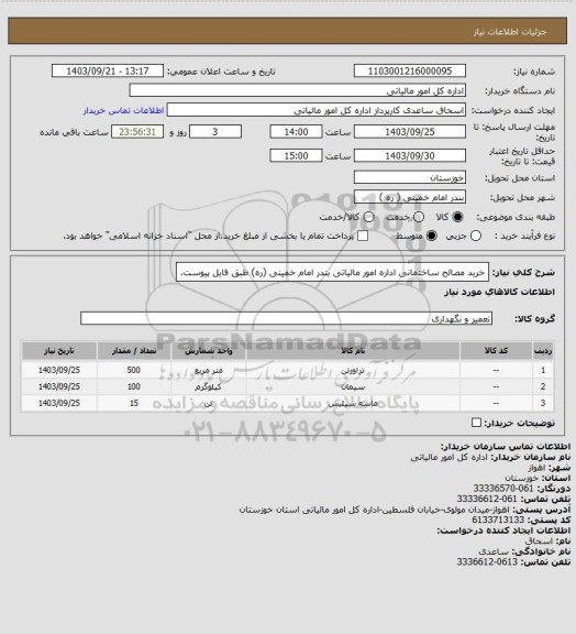 استعلام خرید مصالح ساختمانی اداره امور مالیاتی بندر امام خمینی (ره) طبق فایل پیوست.