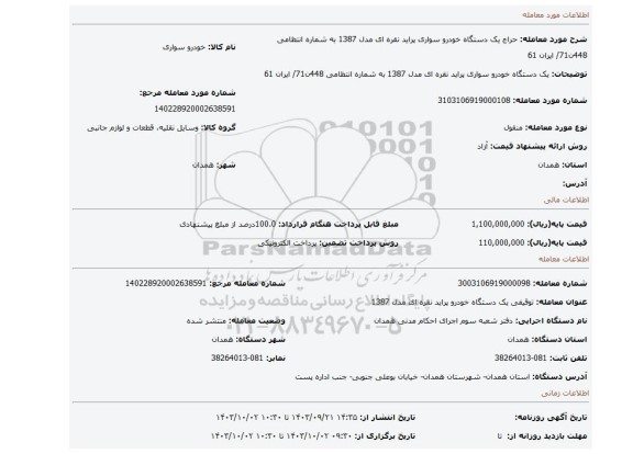 مزایده، یک دستگاه خودرو سواری پراید نقره ای مدل 1387 به شماره انتظامی 448ن71/ ایران 61