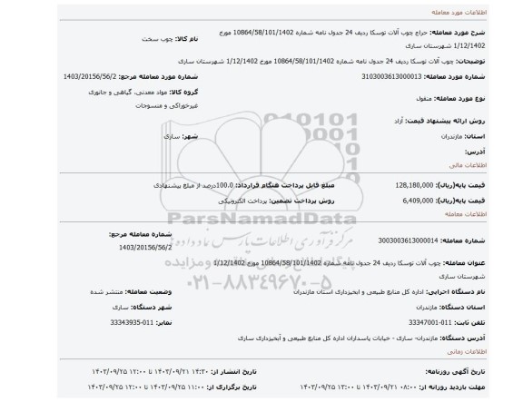 مزایده، چوب آلات توسکا ردیف 24 جدول نامه شماره 10864/58/101/1402 مورخ 1/12/1402 شهرستان ساری