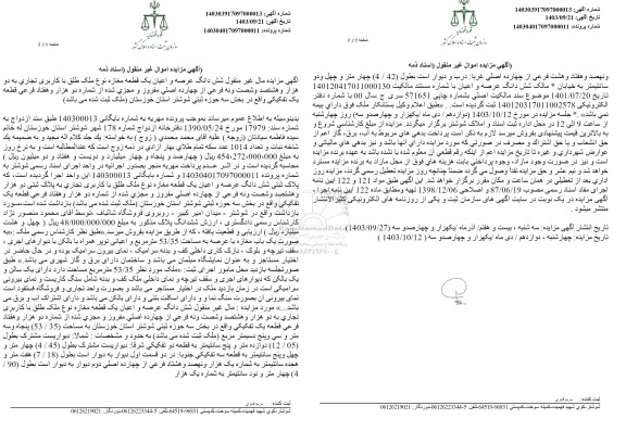 مزایده مال غیرمنقول ششدانگ عرصه و اعیان یک قطعه مغازه نوع ملک طلق با کاربری تجاری