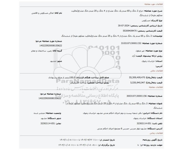 مزایده، 2 دانگ و 65 صدم یک دانگ مشاع از 4 دانگ و 25 صدم دانگ مشاع(مالکیت محکوم علیه) از ششدانگ