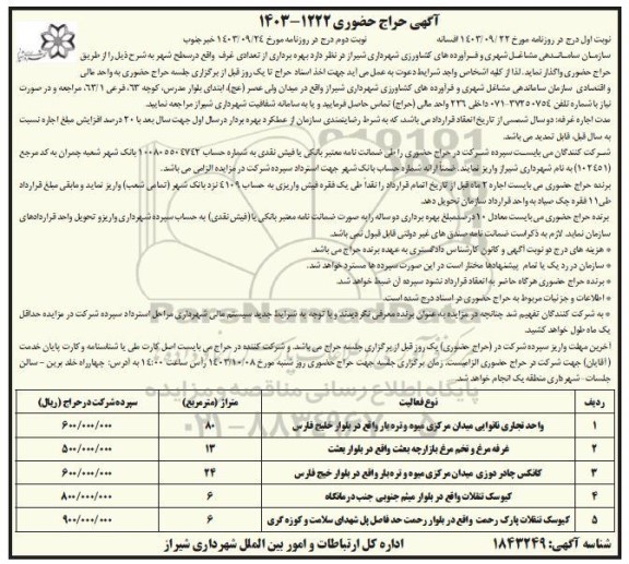 حراج حضوری بهره برداری از تعدادی غرف واقع در سطح شهر - نوبت دوم