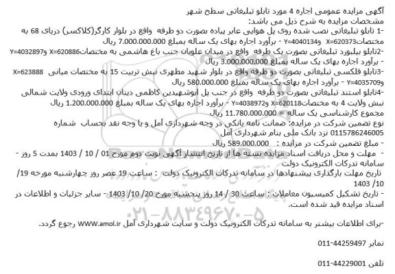 مزایده اجاره 4 مورد تابلو تبلیغاتی سطح شهر