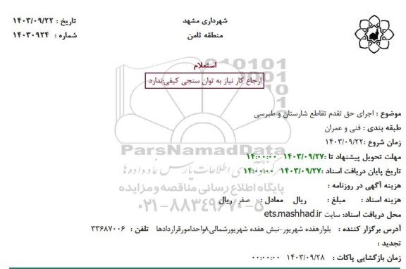 استعلام اجرای حق تقدم تقاطع شارستان و طبرسی