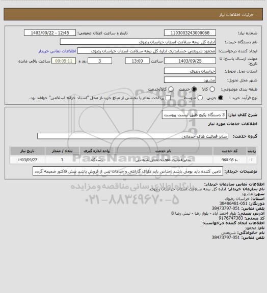 استعلام 3 دستگاه پکیج طبق لیست پیوست