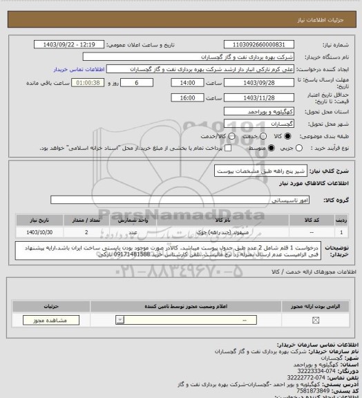 استعلام شیر پنج راهه طبق مشخصات پیوست