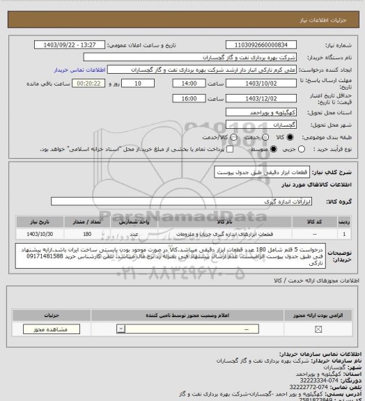 استعلام قطعات ابزار دقیقی طبق جدول پیوست