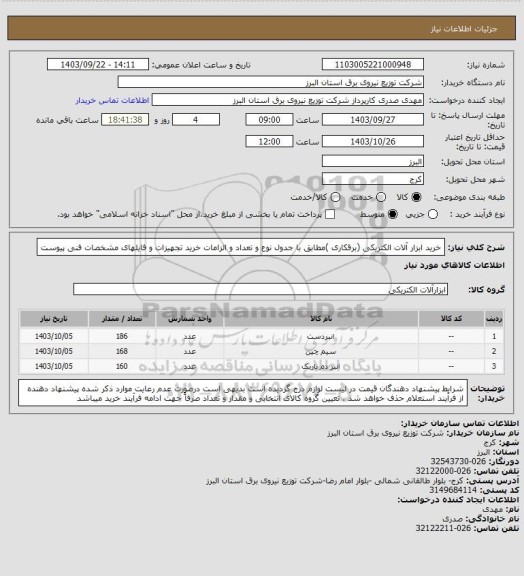 استعلام خرید ابزار آلات الکتریکی (برقکاری )مطابق با جدول نوع و تعداد و الزامات خرید تجهیزات و فایلهای مشخصات فنی پیوست