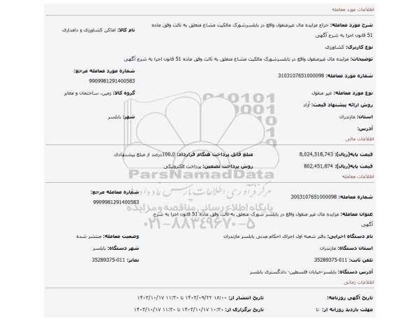 مزایده، مزایده مال غیرمنقول واقع در بابلسرشورک مالکیت مشاع متعلق به ثالث وفق ماده 51 قانون اجرا به شرح آگهی